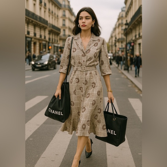 Vintage Orite Petite 70s 90s Geometric Paisley Print Midi Dress Size Large - Picture 2 of 16